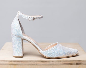 Wedding Sparkle shoes  Woman Handmade  Block Heels Pointed Pumps , Glitter block heels collection Donna /White Glitter