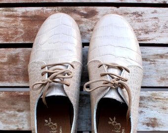 Beige Snake Print  Oxford Woman Shoes