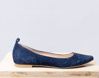 Flat Pointed Ballet Shoes in Blue Suede. Office shoes handmade by suede leather. Flat Pumps