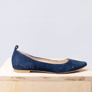 Flat Pointed Ballet Shoes in Blue Suede. Office shoes handmade by suede leather. Flat Pumps
