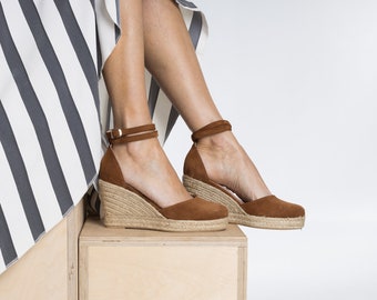 Espadrilles Aria Café En Cuir Suédé Caramel Fait Main