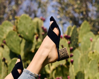 black criss cross suede mules with animal print block heels , easy wear summer shoes