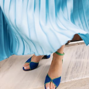 Blue & Green Leather Sandals | Two Tone Heeled Sandals | Handmade Greek Sandals | Block Heel 6.5 / 8.5 cm | Aelia