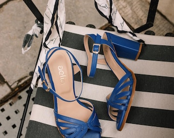 Blue Leather Heeled Sandals | Handmade Greek Sandals | Block Heel 6.5 cm | Elegant Strappy Sandals | Aelia