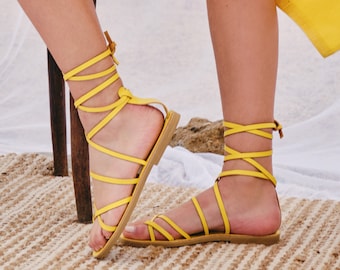 yellow leather strap sandals ,lace up  , Handmade Greek sandals by aelia "corina style"