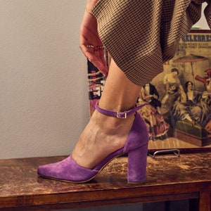 Lilac suede  Woman Handmade Medium Block Heels, New  collection/ purple block heels  suede shoes