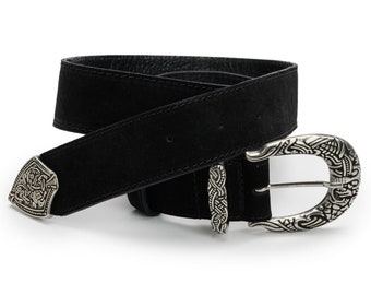 Suede black leather belts with vintage style buckle. Available with gold or silver