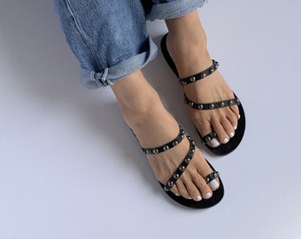 Black Leather Women Sandals With Metal Studs / Toe Ring Aelia Greek Sandals / Rock Sandals/ Women Flats/Handmade Summer Grecian sandals