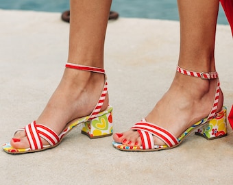 Stripes with Floral Print  Medium Heels Women Sandals, Criss cross unique shoes red stripes with ankle strap.