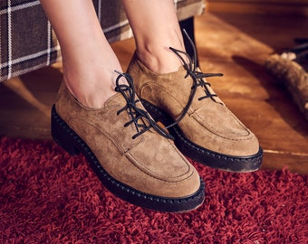 taupe Woman Loafers with Laces ,chunky lace up flat shoes / Brogues gray Brown Suede Shoes /leather shoes-tobacco suede women shoes /gift