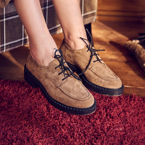 taupe Woman Loafers with Laces ,chunky lace up flat shoes / Brogues gray Brown Suede Shoes /leather shoes-tobacco suede women shoes /gift