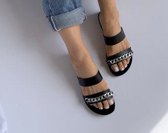 Two straps Women Sandals with silver Chain