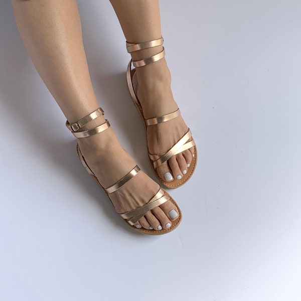 Sandales pieds nus bronze pour femme, sandales grecques faites main avec lanières en or rose