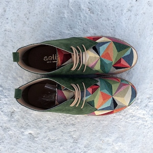 Leren enkellaarzen met stoffen laarsjes, groene laarzen, winterschoenen, veelkleurige dames bohoschoenen, schoolschoenen, laarzen voor elke dag, winterlaarzen