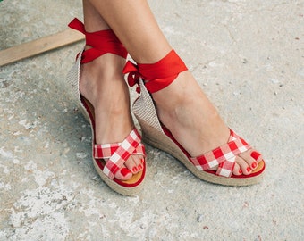 Red checked espadrille wedges Crossed Wedges open toe espadrilles handmade in Greece . jute platform sole Vichy shoes 9 cm wedge