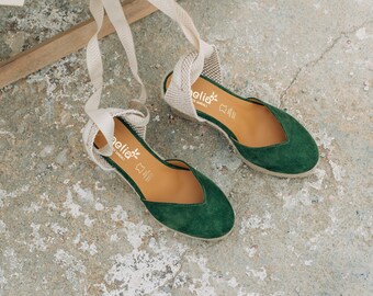 Green Espadrilles Wedges with beige cotton  ribbon .Suede wedge green espadrilles handmade in Greece .