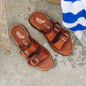 Brown  Double Buckle Flatform handmade slides sandals / Camel Comfort sandals/ Camel platform flatform handmade Aelia Greek sandals