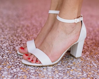 White leather block heel wedding sandals, white pearl  leather sandals, handmade wedding shoes, bridal heels, wedding heels, wedding shoes