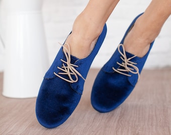 oxford women velvet shoes derby ties shoes blue woman shoes autumn winter shoes handmade vegan shoes