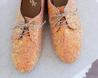 Chaussures Oxford pour femmes scintillantes, chaussures Oxford scintillantes faites main/paillettes orange lever de soleil