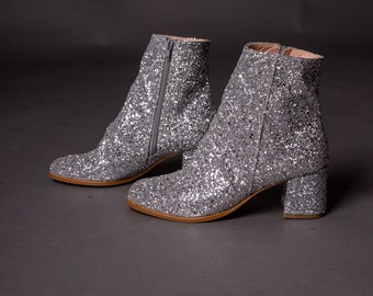 Silver Glitter Ankle Boots Block Heel, Unique Handmade Boots , Perfect Festival Shoes, Wedding silver Glitter Shoes.Aelia party shoes