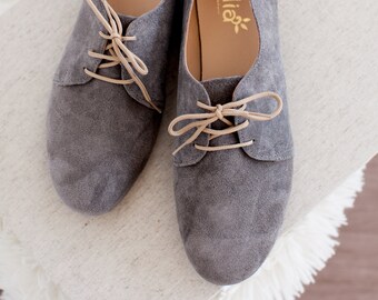 Gray Suede Womens Grey Oxford Shoes Toe Flats Handmade in Greece