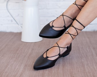 Lace up flat shoes ,handmade,leather shoes,black,made in Greece,genuine leather,woman shoes