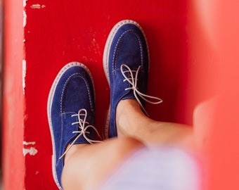 Blue suede Woman Loafers with Laces ,chunky lace up flat shoes/ Brogues Blue Suede Shoes /leather shoes-blue suede women shoes /gift