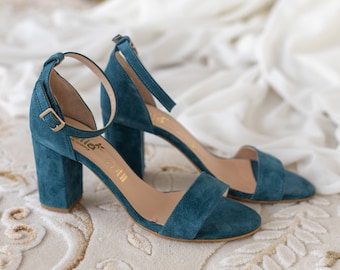 Petrol Blue Medium Block Heel Sandals with ankle strap. Dorita heels, wedding heels , bridal shoes, petrol blue suede leather sandals