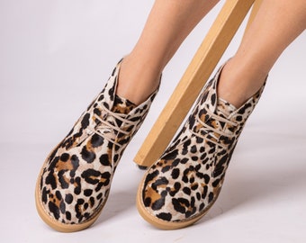 Leather Ankle Boots Animal print  ,white and black -brown leopard print , Winter Shoes ,Women Boho Shoes School Shoes, Leather woman shoes