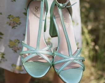 Mint Green Block Heel Sandals with ankle strap. Bridal shoes, Wedding shoes for bride, Sage Wedding Shoes, Bridesmaid shoes, bridal shoes