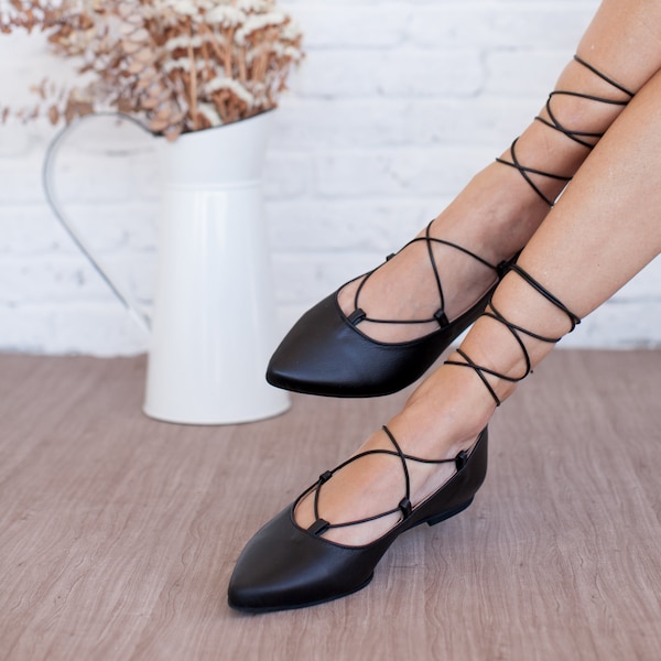 Lace up flat shoes ,handmade,leather shoes,black,made in Greece,genuine leather,woman shoes