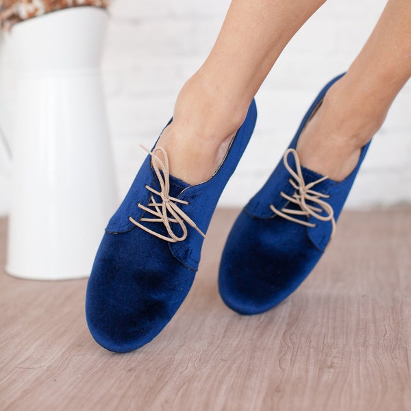 oxford women velvet shoes derby ties shoes blue woman shoes autumn winter shoes handmade vegan shoes
