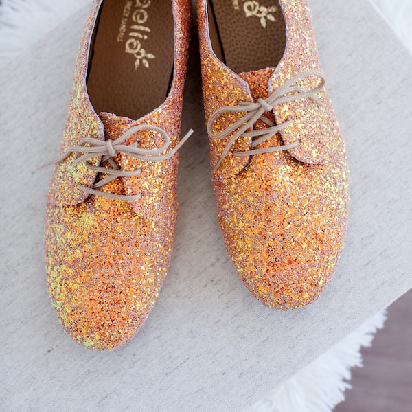 Sparkle Women Oxford Shoes , Handmade Glitter Oxford ties shoes / sunrise orange glitter