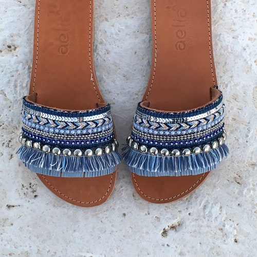 Woman Leather Sandals With Blue Decorate / Aelia Greek - Etsy