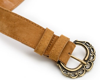 Handcrafted Greek Vintage-Style Suede Leather Belt with Gold Buckle for Women - Boho Chic Accessory
