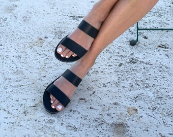 Two Strap Total Black Leather Sandals. Apostasy sandals