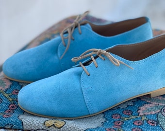 Sky Blue oxford Shoes. Suede Leather Flats. Lady office Oxford style flat heel shoes for Women