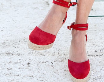 Aria Espadrilles wedge Red suede leather, the red valentine gift. handmade perfect fit espadrilles