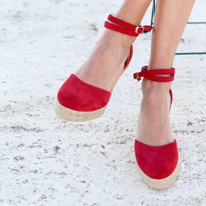 Aria Espadrilles wedge Red suede leather, the red valentine gift. handmade perfect fit espadrilles