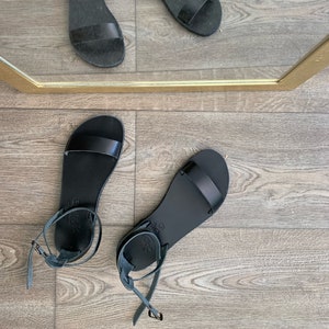 Black simple ankle strap sandals Women Sandals Women Sandals, flat greek sandals