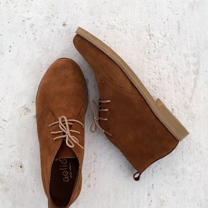 Camel Leather Woman Ankle  Boots Handmade by Genuine Suede Brown leather Flat Shoes, school shoes