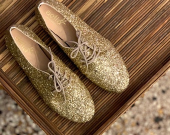 Gold Sparkle Party Flats Shoes, Oxford Gold Shoes