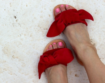 coral red  knot suede sandals