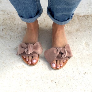 woman sandals , bow sandals, aelia greek sandals, slides,leather sandals , beige leather , knot sandals