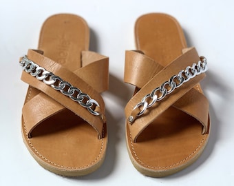 Amvrosia sandals in natural color with silver chain/Ancient Greek Leather Sandals/ slide sandals/ summer handmade sandals /cross sandals