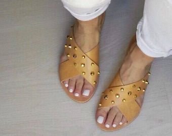 criss cross leather handmade greek sandals with gold studs /in natural tan color /slippers/aelia/sandals /woman shoes