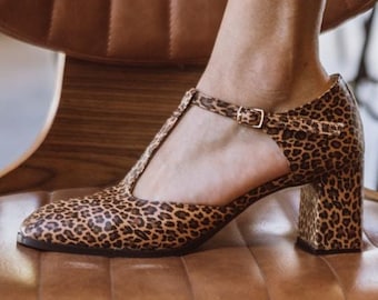 leopard soft leather block heels ,Handmade,Stylish leather shoes  ,Mary Jane Shoes for Women |  heels 6,5 cm, square toe shoes