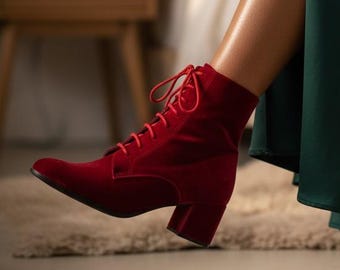 Handmade Red Velvet Ankle Boots • Lace-Up Booties with 4.5cm Heel • Elegant Retro Velvet Shoes