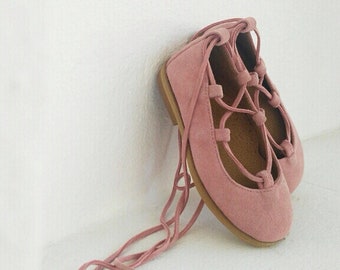 Little ballerinas lace up pink shoes for little girl / handmade/ leather shoe / made in Greece by aelia